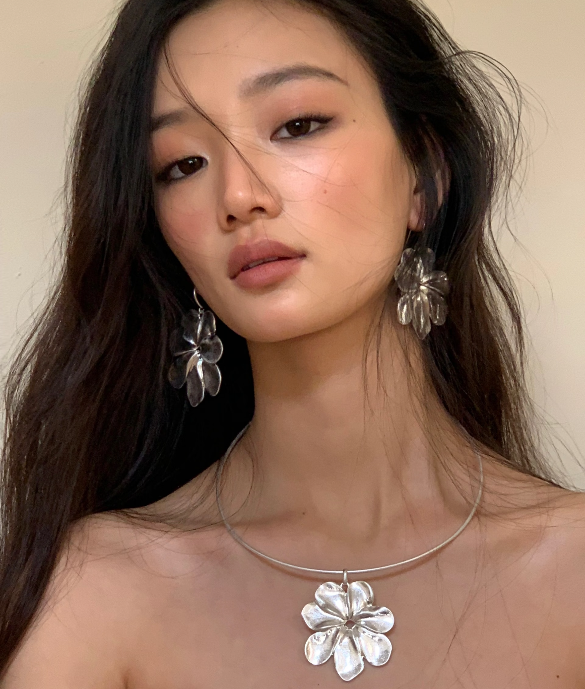 Silver Flower Statement Cuff Necklace