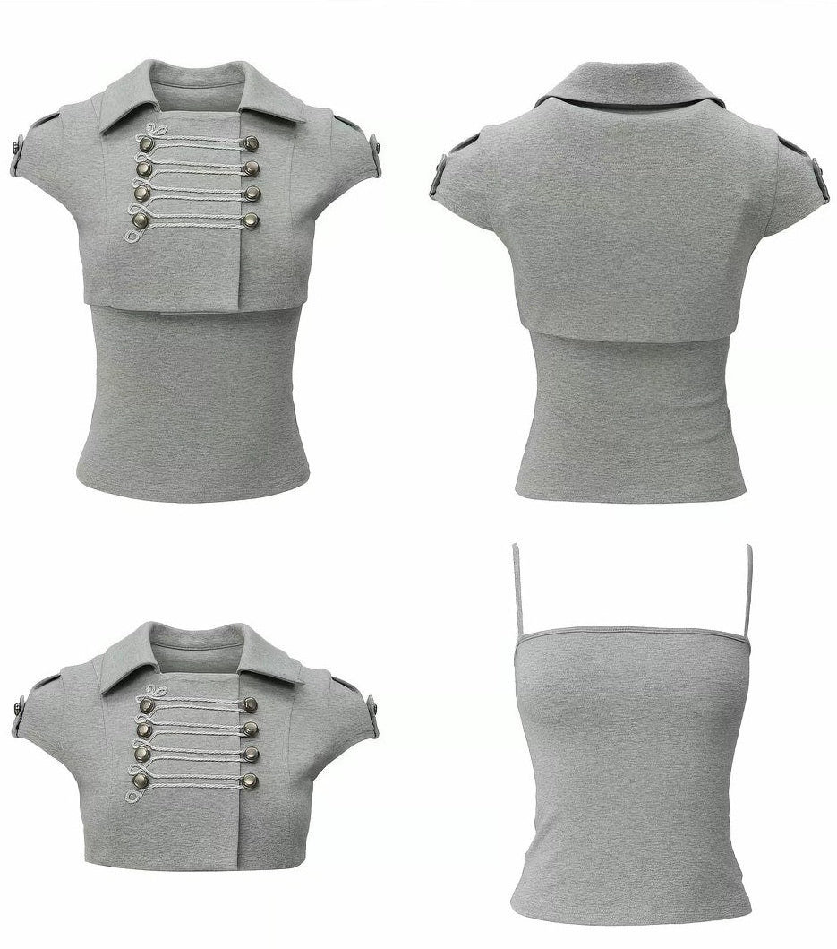 Kaia Grey Cropped Military-Inspired Two-Piece Top | lolsobnyc