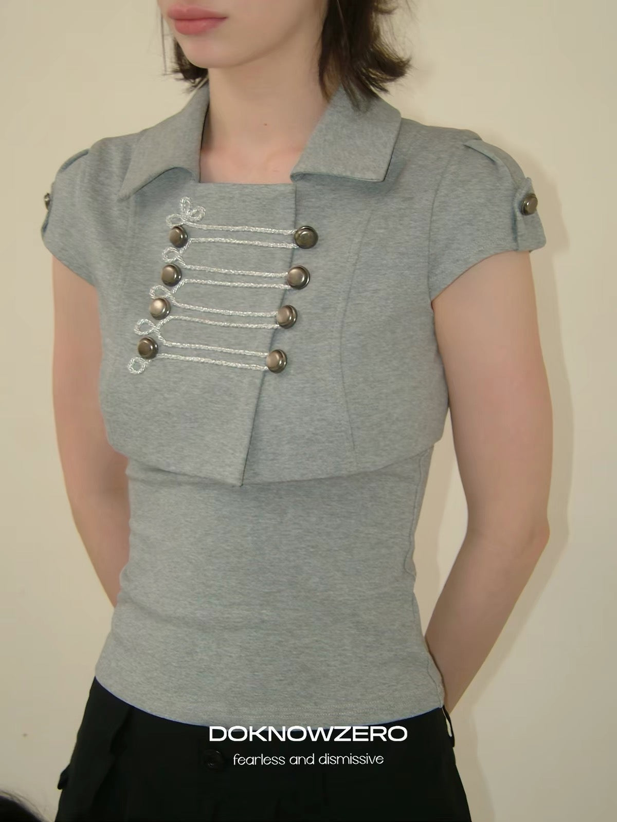 Kaia Grey Cropped Military-Inspired Two-Piece Top | lolsobnyc