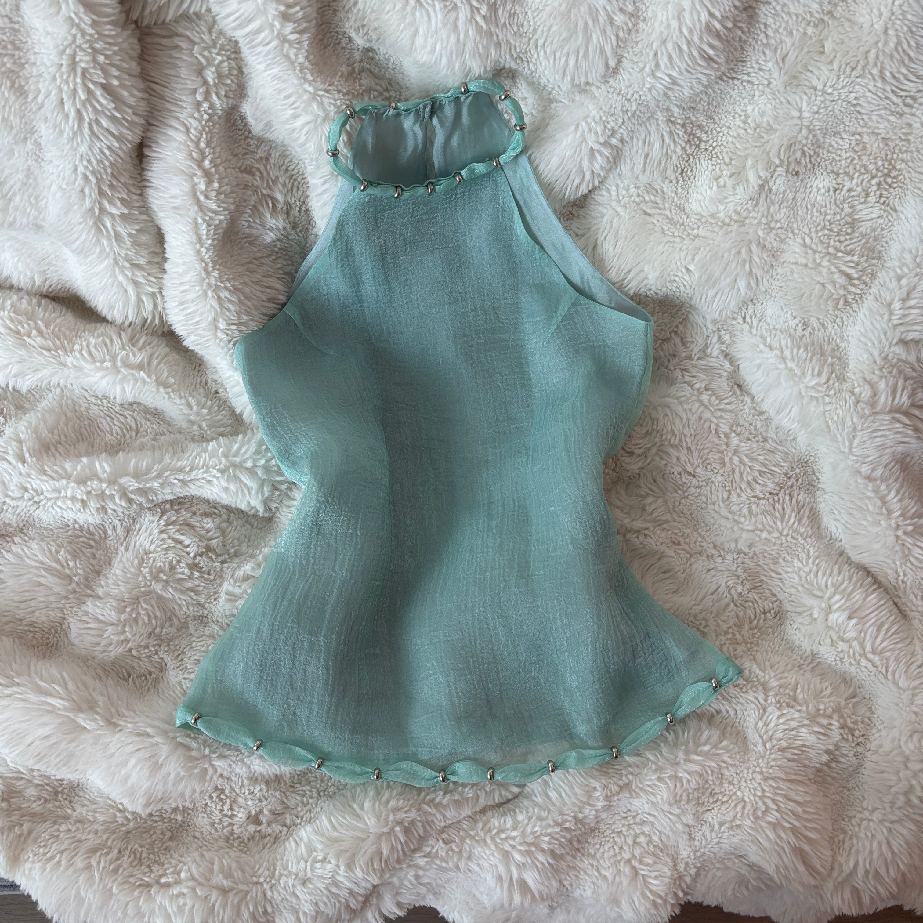 Millie Mint Blue Sheer Seafoam Beaded Top | lolsobnyc