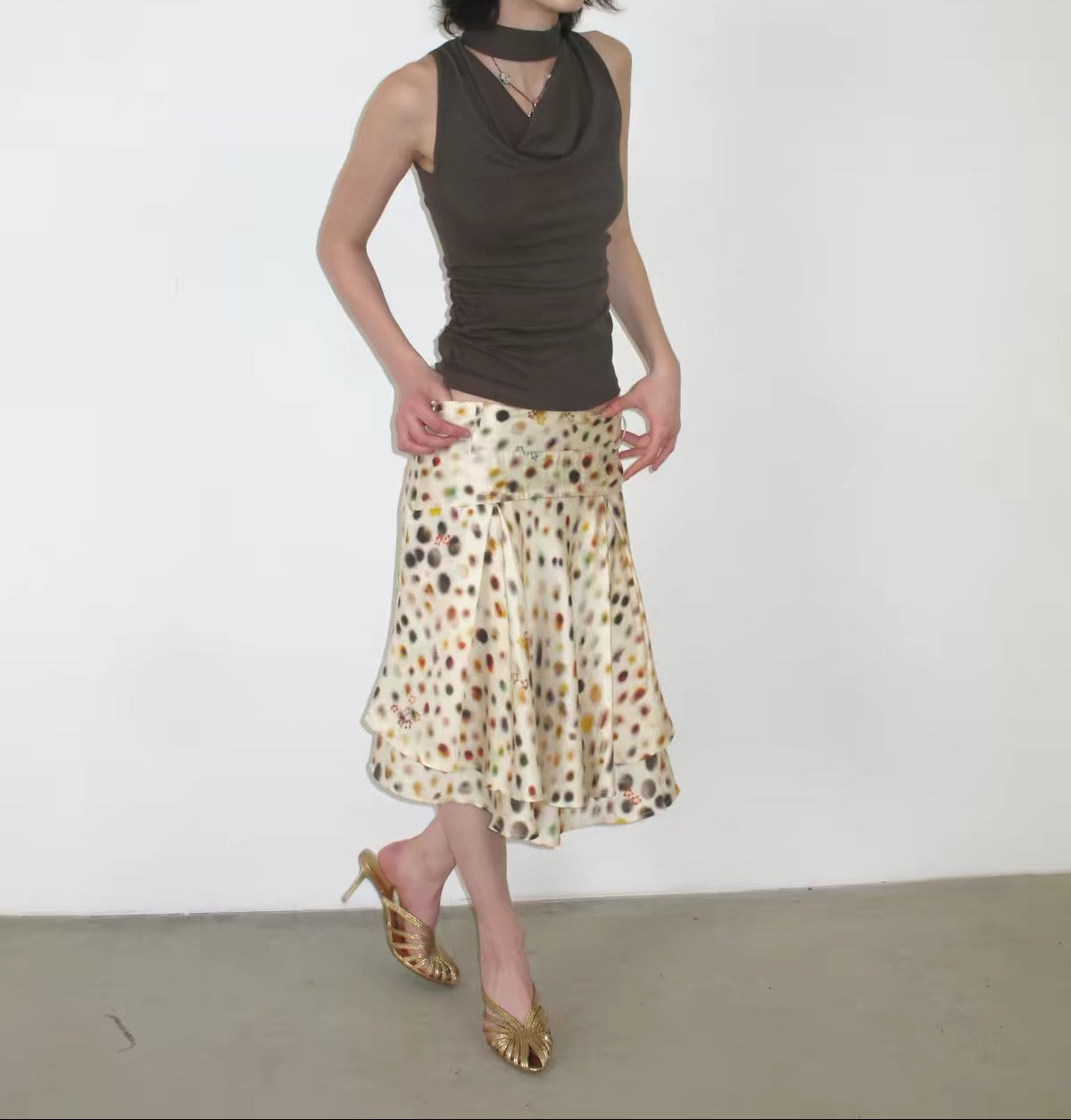 Julia Cream Polka Dot Ruffle Midi Skirt | lolsobnyc