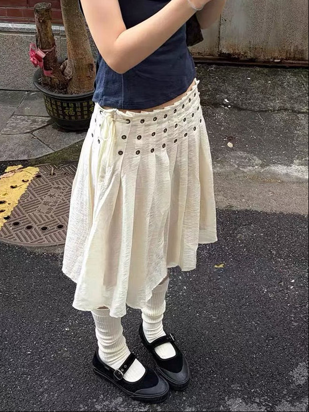 Ariel Cream Pleated Studded Midi Skirt | lolsobnyc