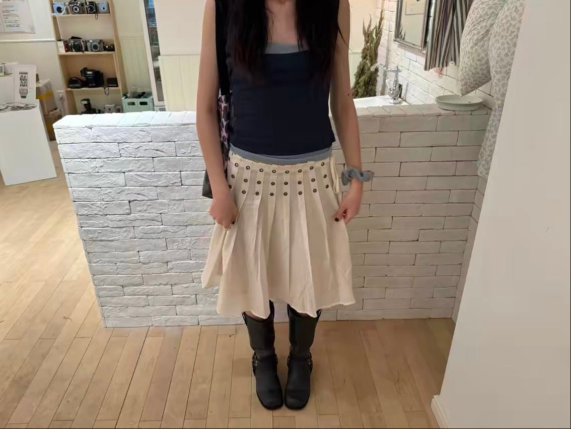 Ariel Cream Pleated Studded Midi Skirt | lolsobnyc