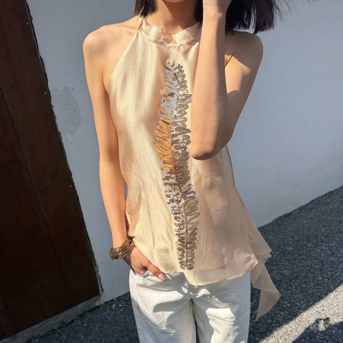 Lora Pearl Sequin Embroidered Silky Halter Top | lolsobnyc