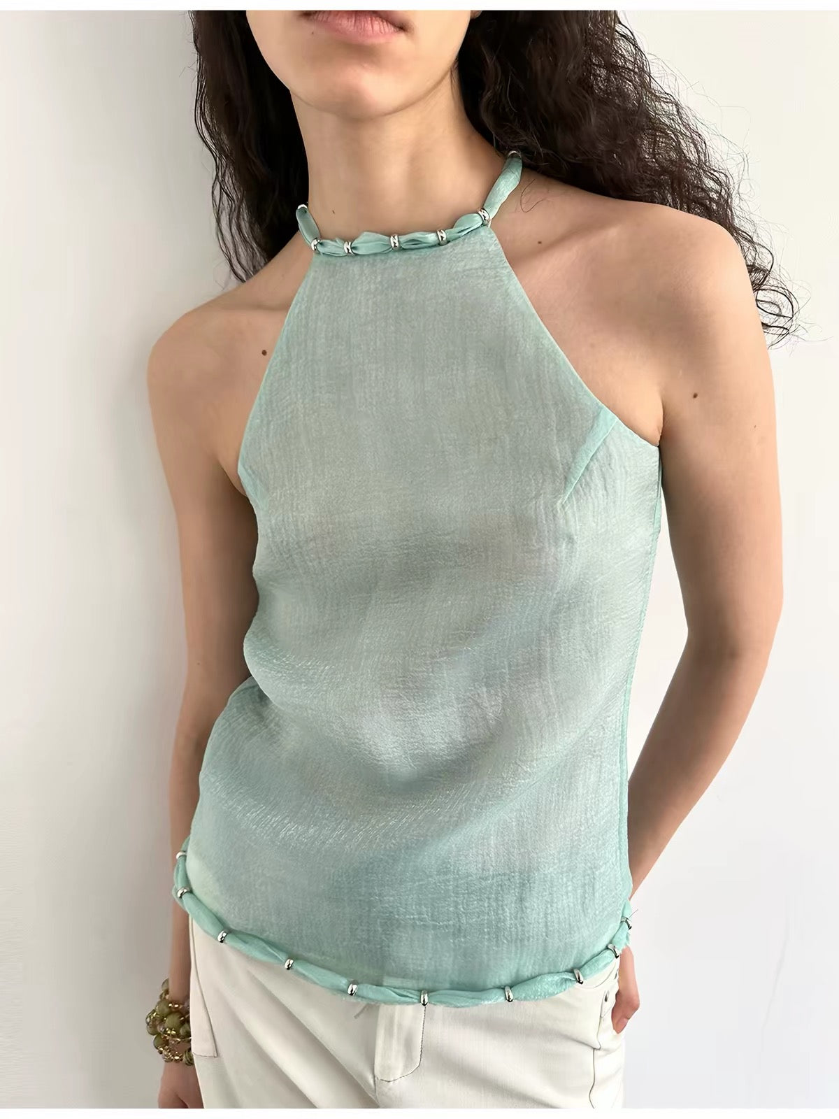 Millie Mint Blue Sheer Seafoam Beaded Top | lolsobnyc