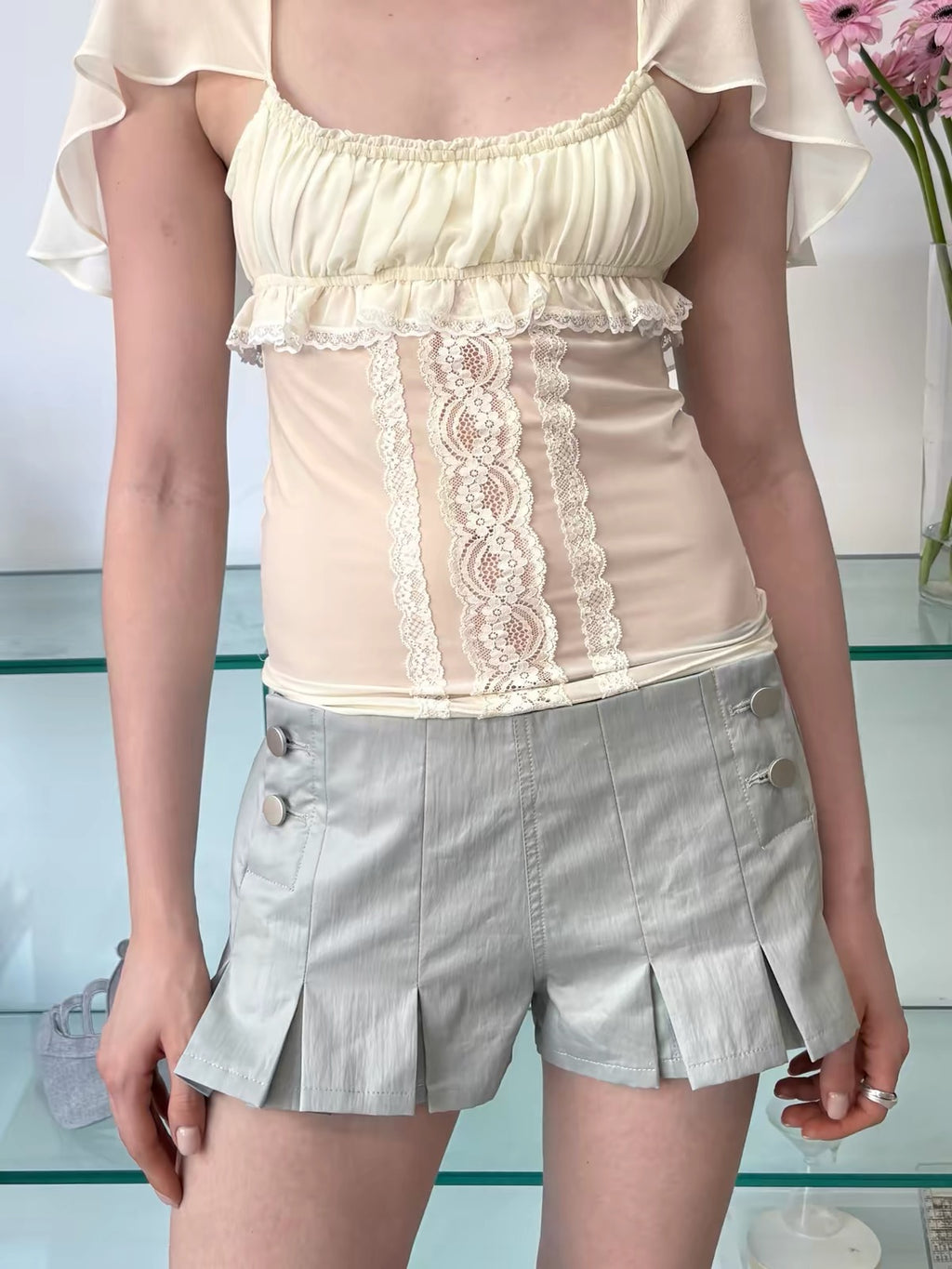 Linda Grey Pleated Tailored Mini Shorts | lolsobnyc