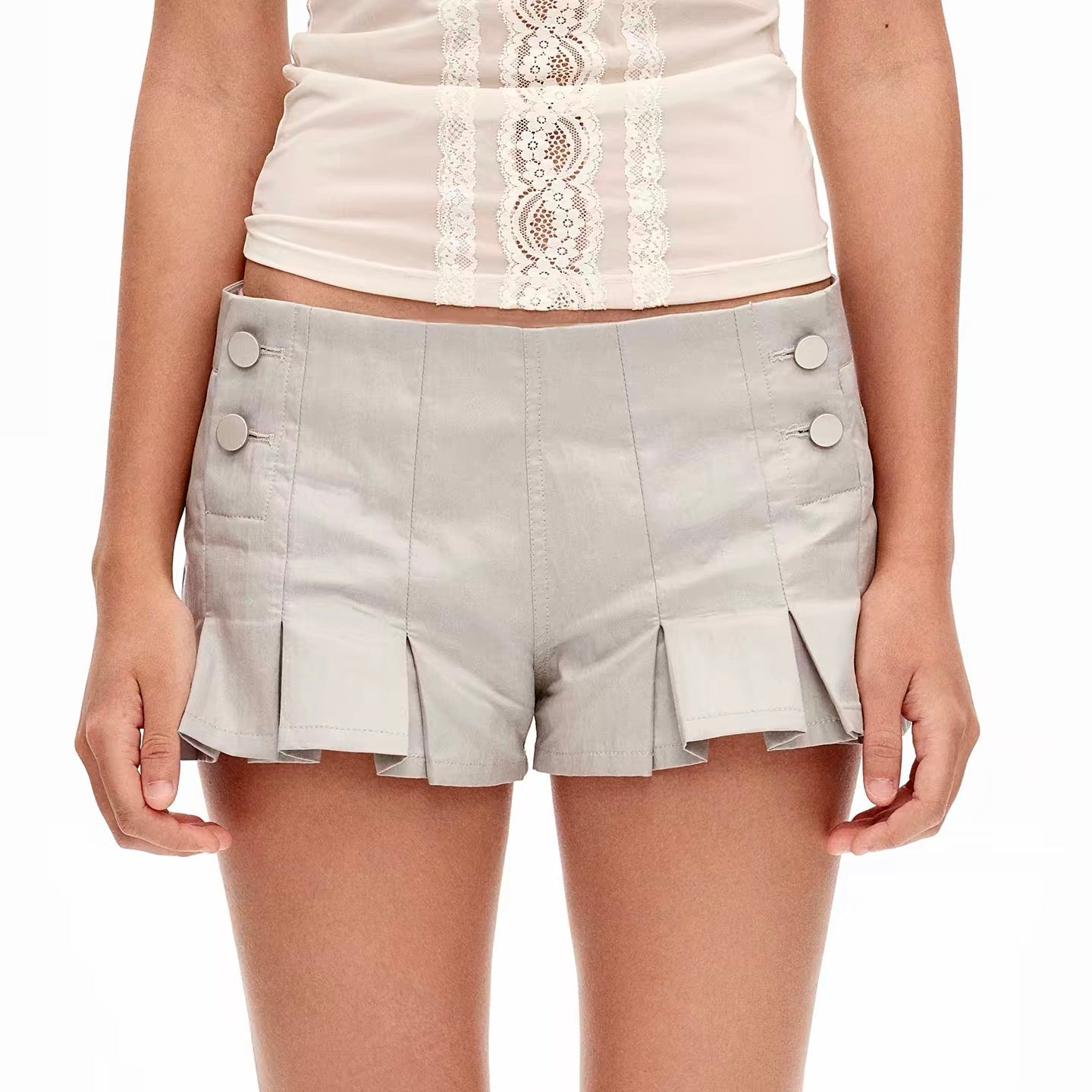 Linda Grey Pleated Tailored Mini Shorts | lolsobnyc