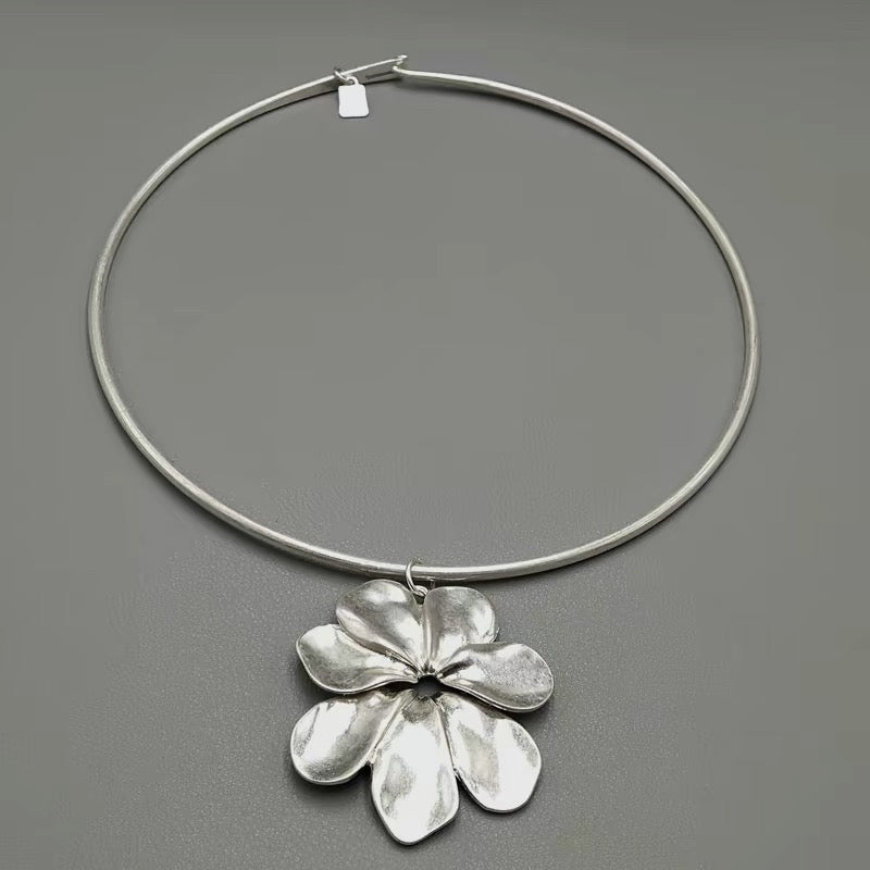 Silver Flower Statement Cuff Necklace
