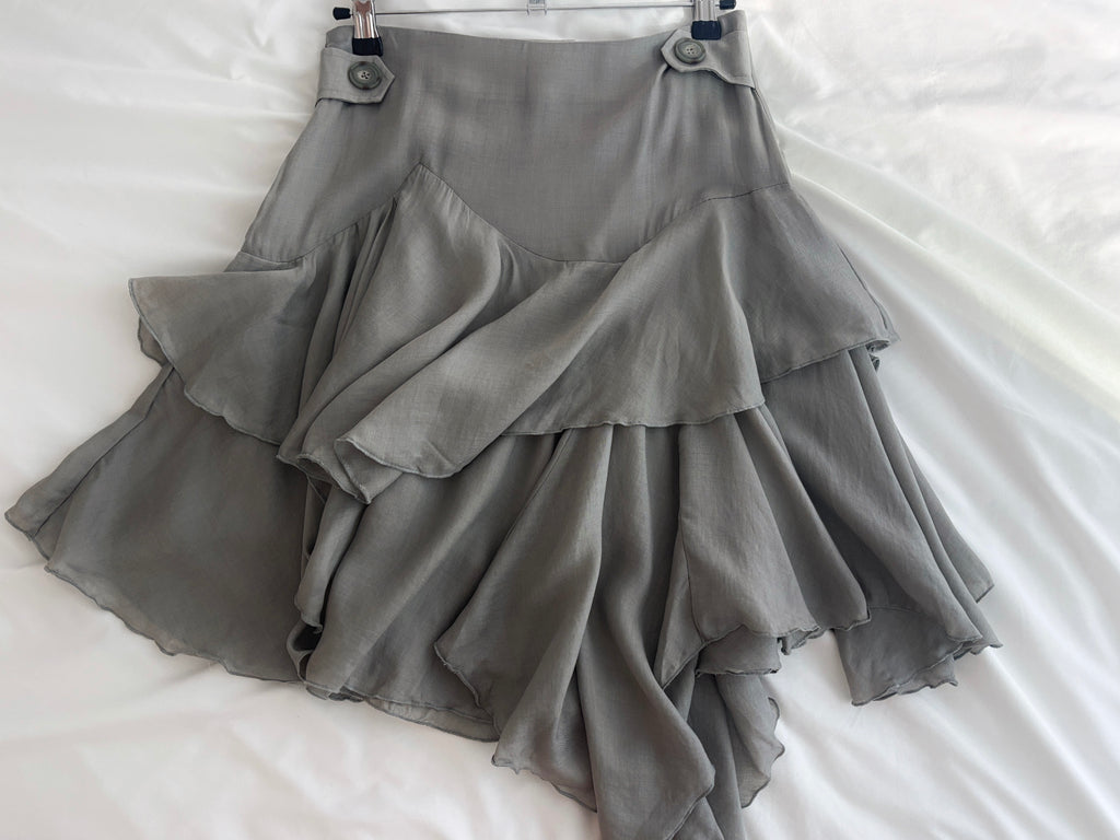 Liona Grey Asymmetrical Ruffle Midi Skirt | lolsobnyc
