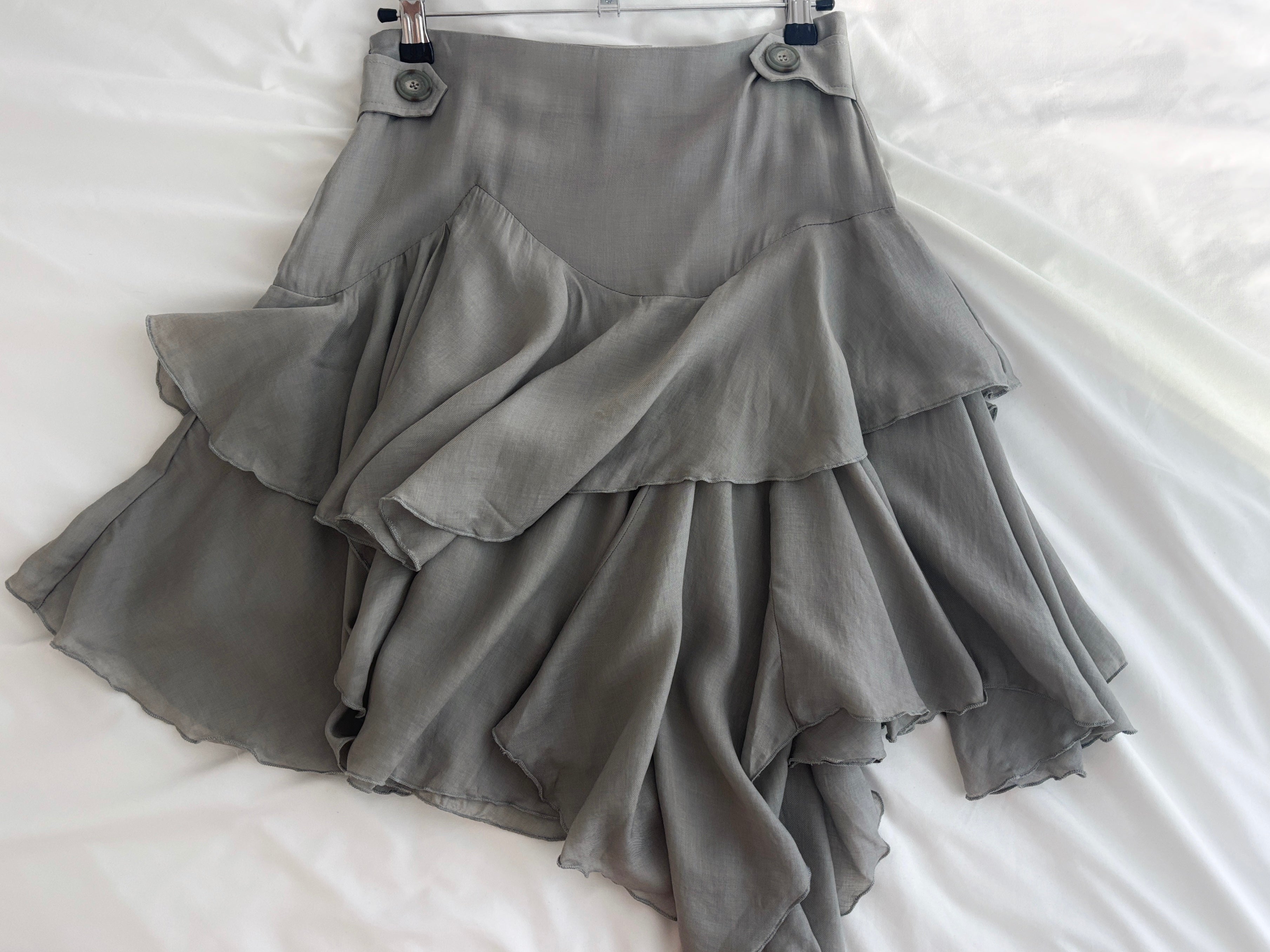 Liona Grey Asymmetrical Ruffle Midi Skirt | lolsobnyc