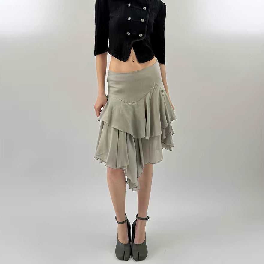 Liona Grey Asymmetrical Ruffle Midi Skirt | lolsobnyc