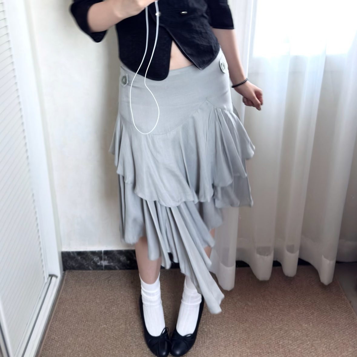 Liona Grey Asymmetrical Ruffle Midi Skirt | lolsobnyc