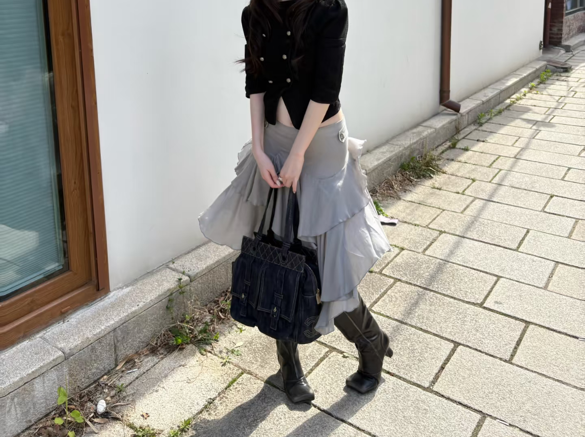 Liona Grey Asymmetrical Ruffle Midi Skirt | lolsobnyc