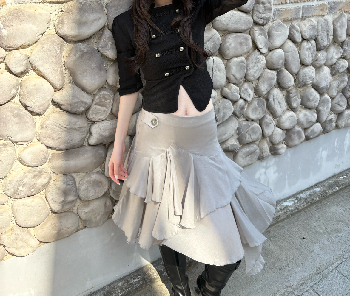 Liona Grey Asymmetrical Ruffle Midi Skirt | lolsobnyc